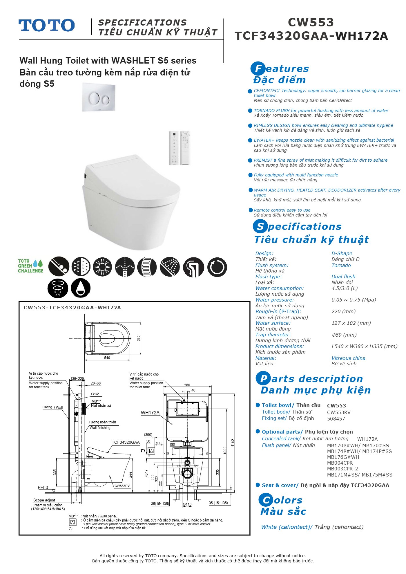 Thông số kỹ thuật CW553/TCF34320GAA/WH172A/MB170#SS