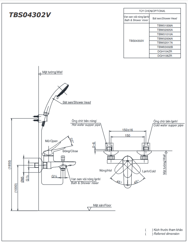 Bộ sen tắm nóng lạnh LF TOTO TBS04302V/TBW01008V