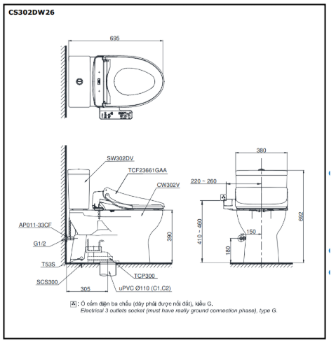 Bàn cầu 2 khối kèm nắp rửa WASHLET dòng S1 – TCF23661GAA TOTO CS302DW26#W