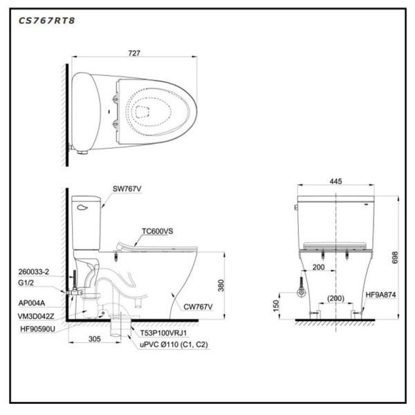 Bàn cầu hai khối, nắp đóng êm TC600VS TOTO CS767RT8