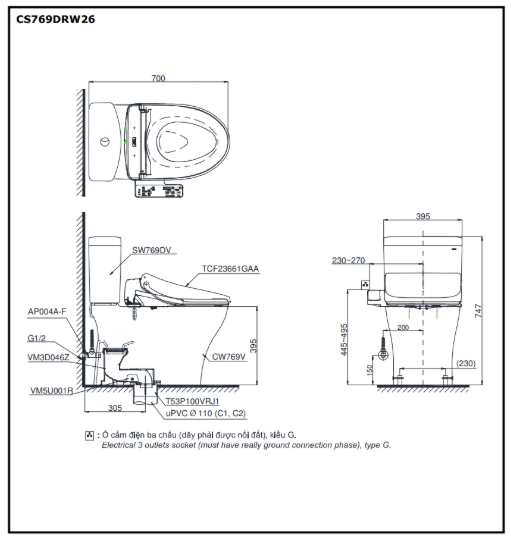 Bàn cầu 2 khối kèm nắp rửa WASHLET dòng S1 – TCF23661GAA TOTO CS769DRW26#XW