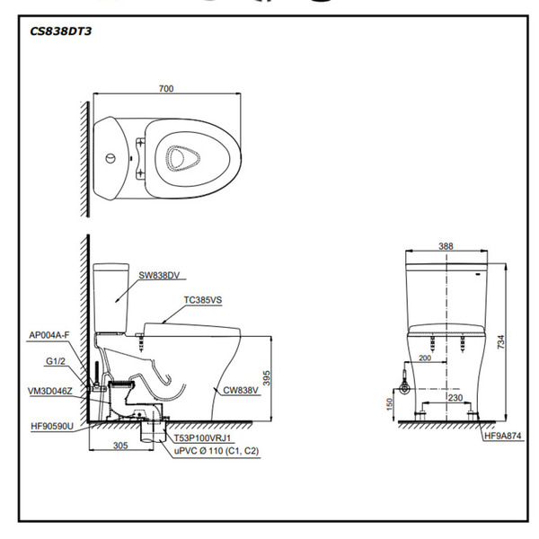 Bàn cầu hai khối, nắp đóng êm TC385VS TOTO CS838DT3