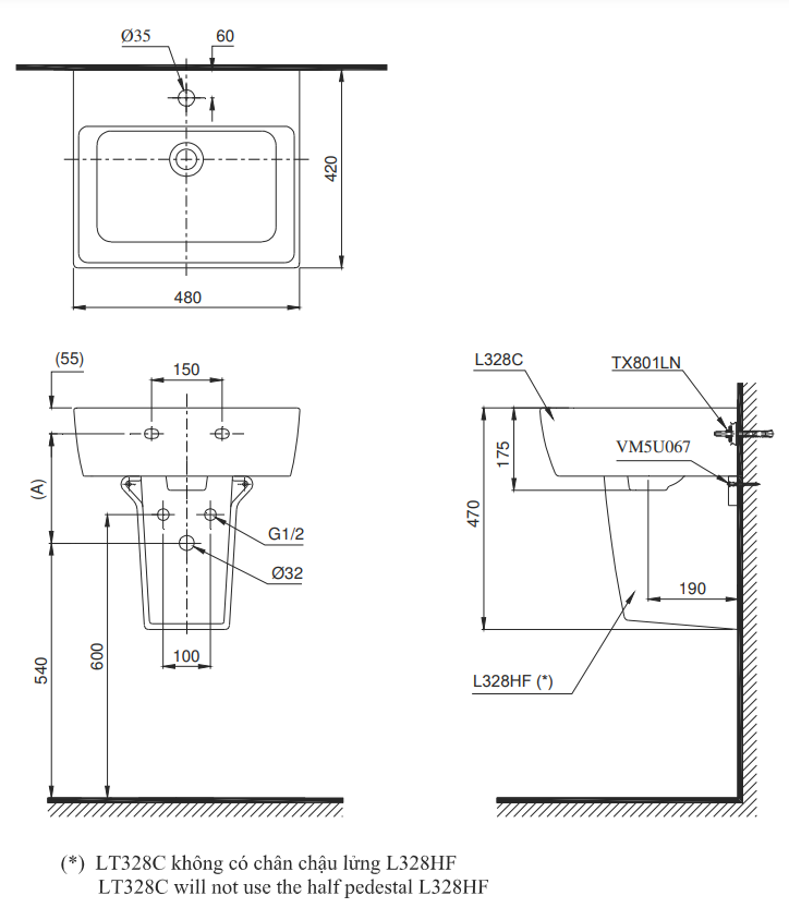 Chậu treo tường TOTO LT328CHR